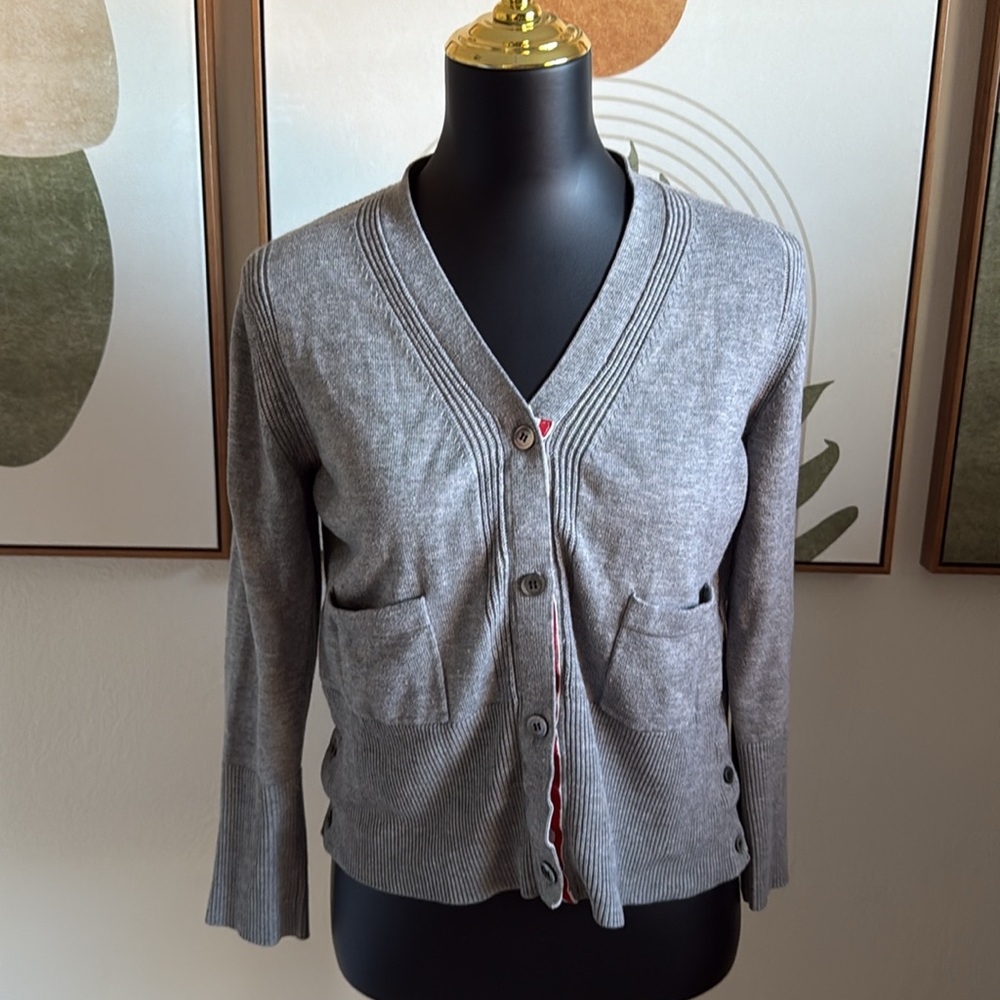 3/$10 Gray Cardigan with Red and Blue Embroidered Dog Accent